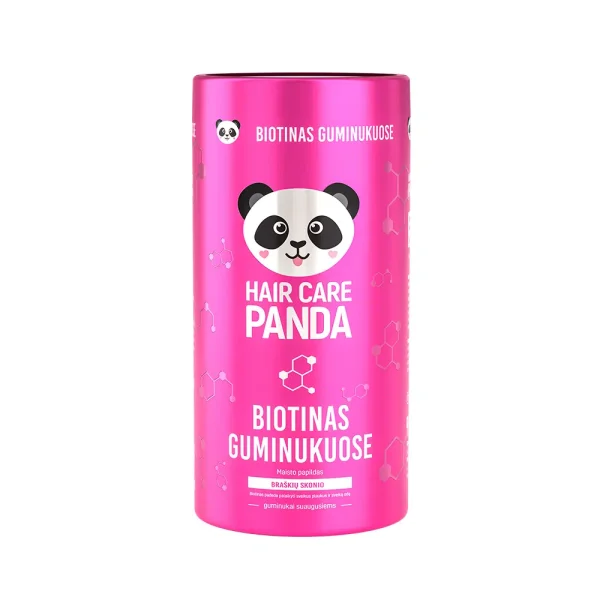 alt="HAIR CARE PANDA veganiški plaukų papildai 180g – 50 guminukų" alt="biotino guminukai plaukams" alt="veganiški plaukų vitaminai guminukuose"