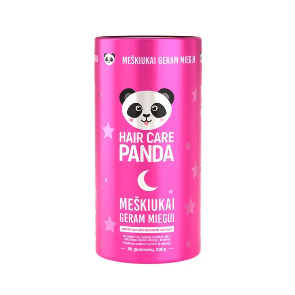 Meškiukai geram miegui – guminukai iš arčiau Hair Care Panda Hair Care Panda meškiukai geram miegui pakuotės vaizdas 300g Maisto papildas meškiukai geram miegui – su melatoninu ir augaliniais ekstraktais